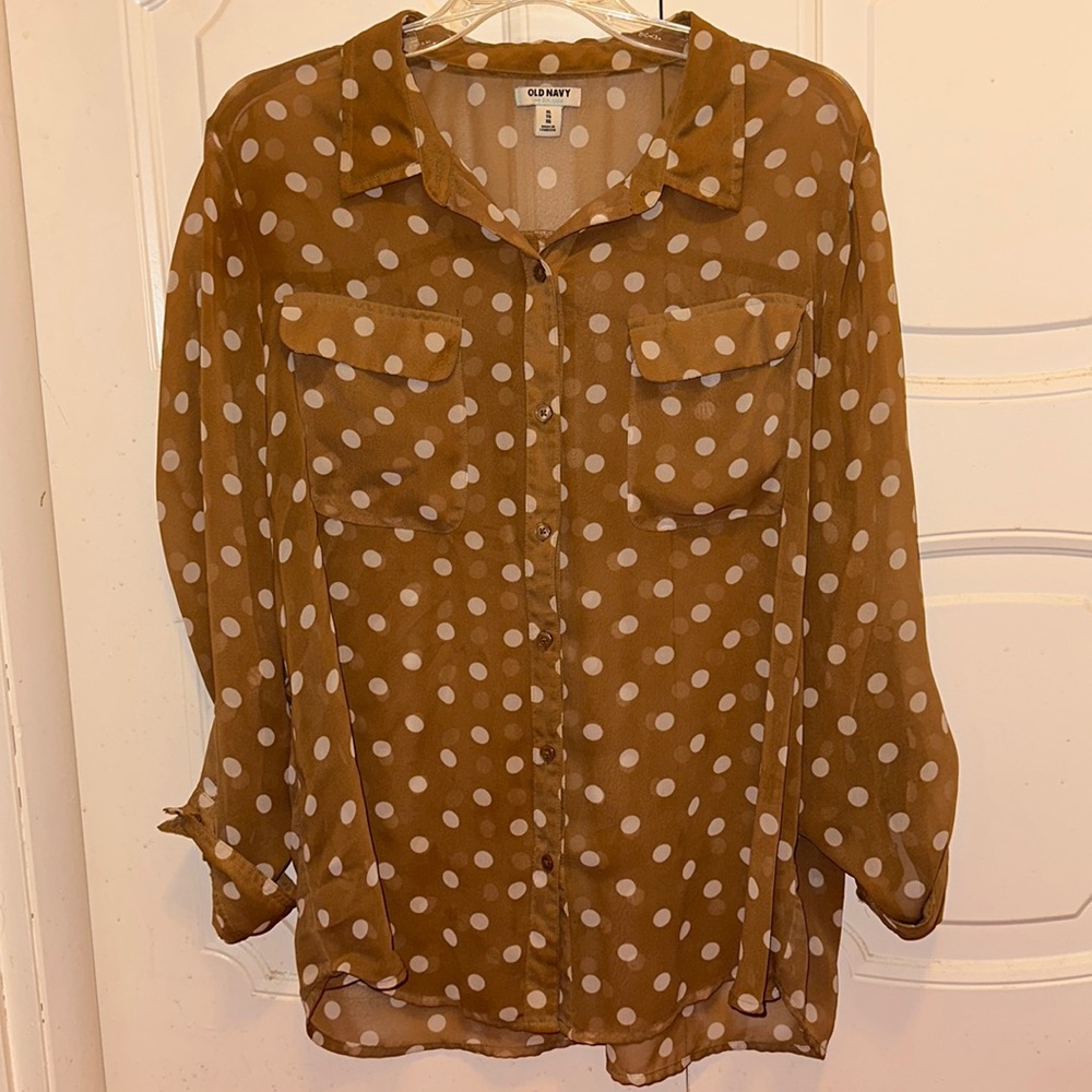 Buttoned up tan polka dotted shirt XL